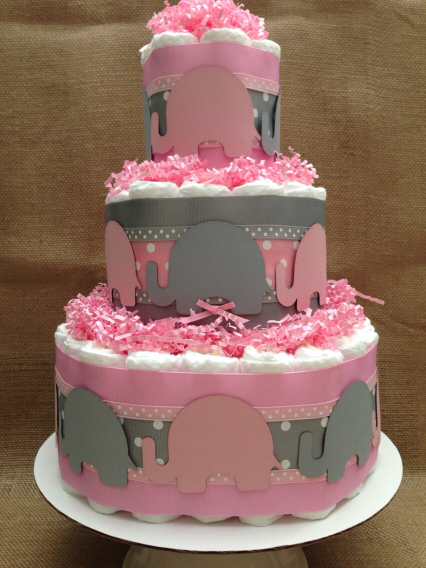 Pink Gray Elephant Baby Shower Cake