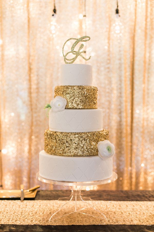 White and Gold Glitter Wedding Cake