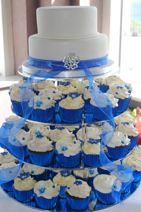 Blue Wedding Cake and Cupcakes