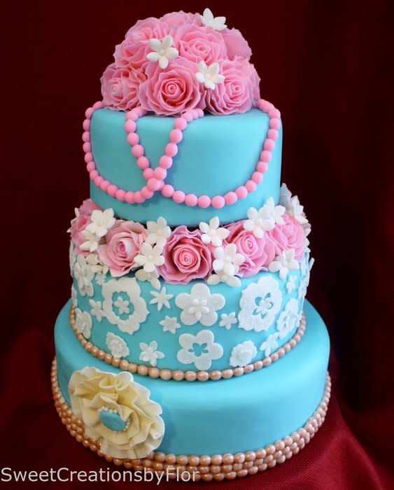 Pink and Teal Wedding Cake