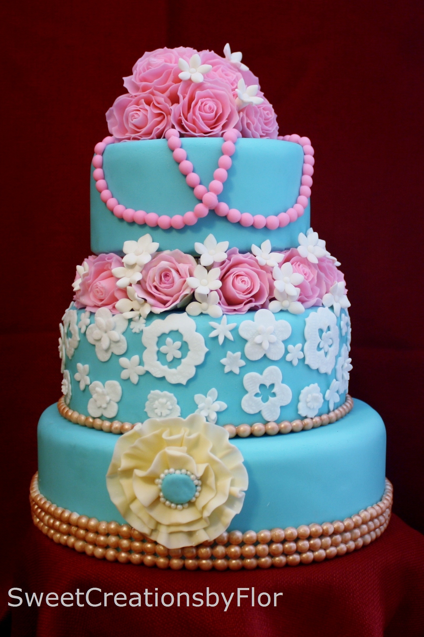 Pink and Teal Wedding Cake