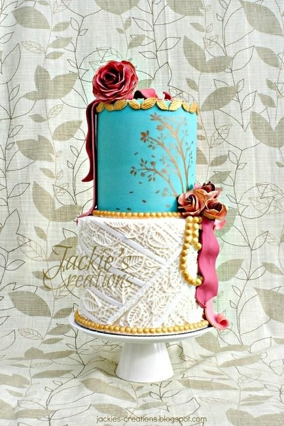 Pink and Teal Wedding Cake