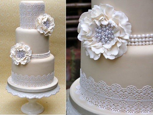 Vintage Lace and Pearl Wedding Cake Vintage Lace and Pearl Wedding Cake