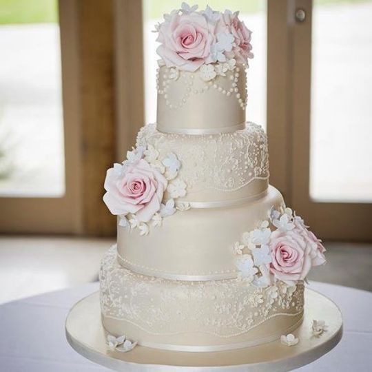 Vintage Rose Lace and Pearls Wedding Cake