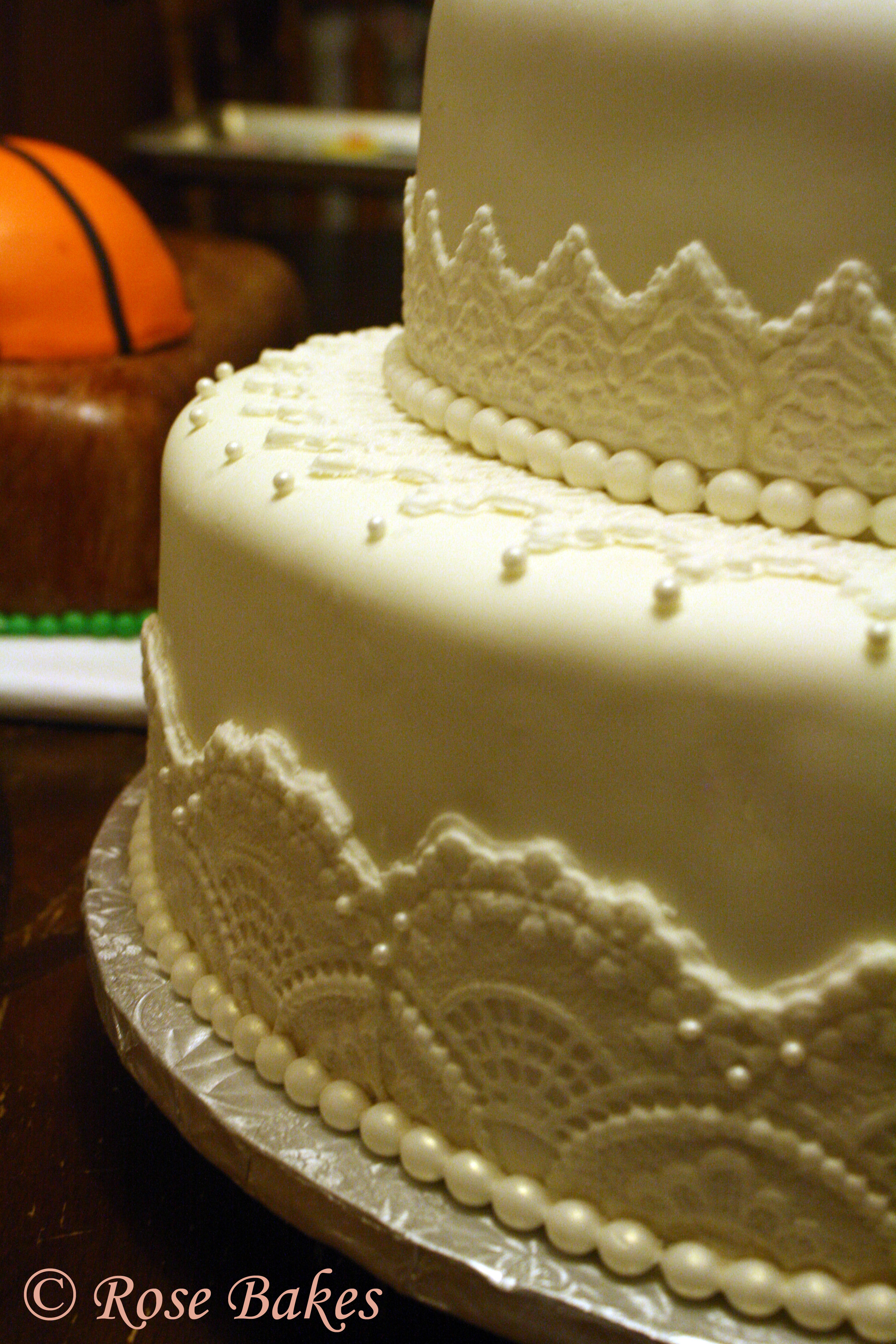 White Lace Pearls Wedding Cake