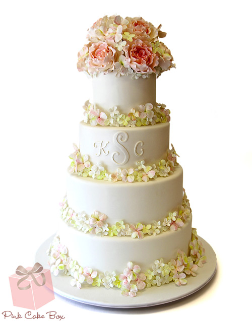 White Roses and Hydrangeas Wedding Cake