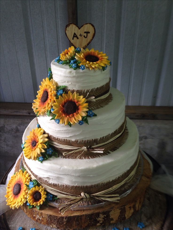 Sunflower and Burlap Wedding Cake