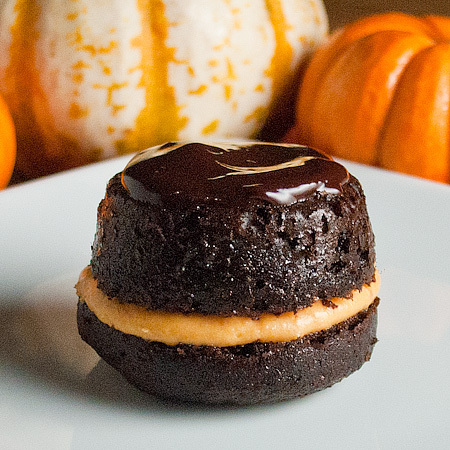 Upside Down Chocolate Filled Pumpkin Cupcakes