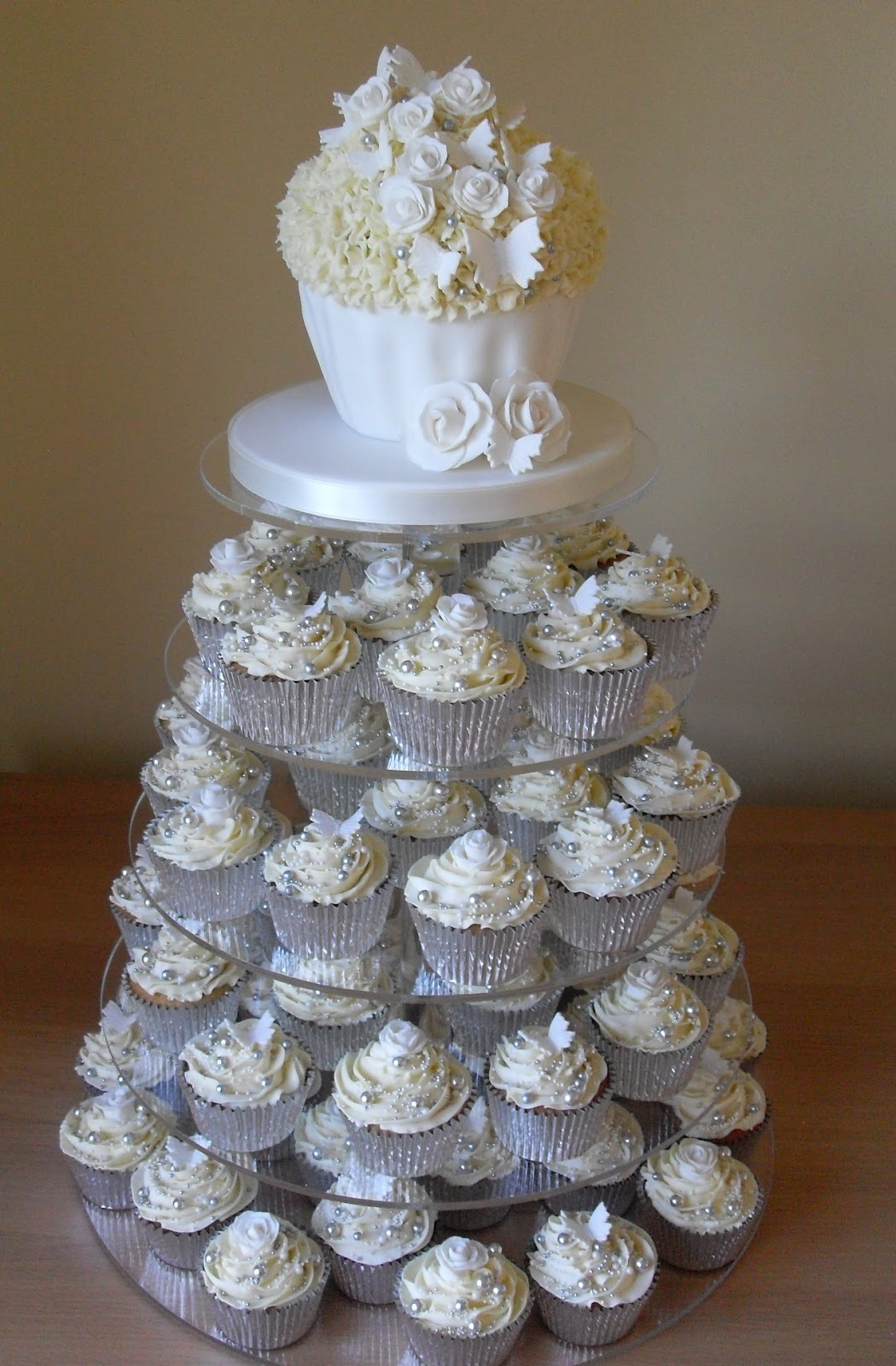 White and Silver Wedding Cupcake Tower
