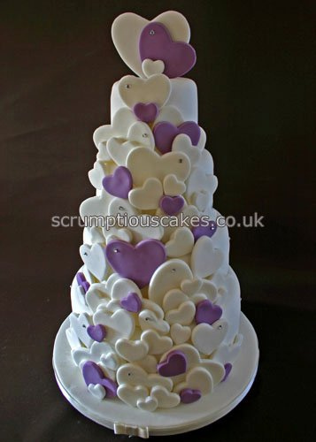 White Wedding Cakes with Purple Hearts