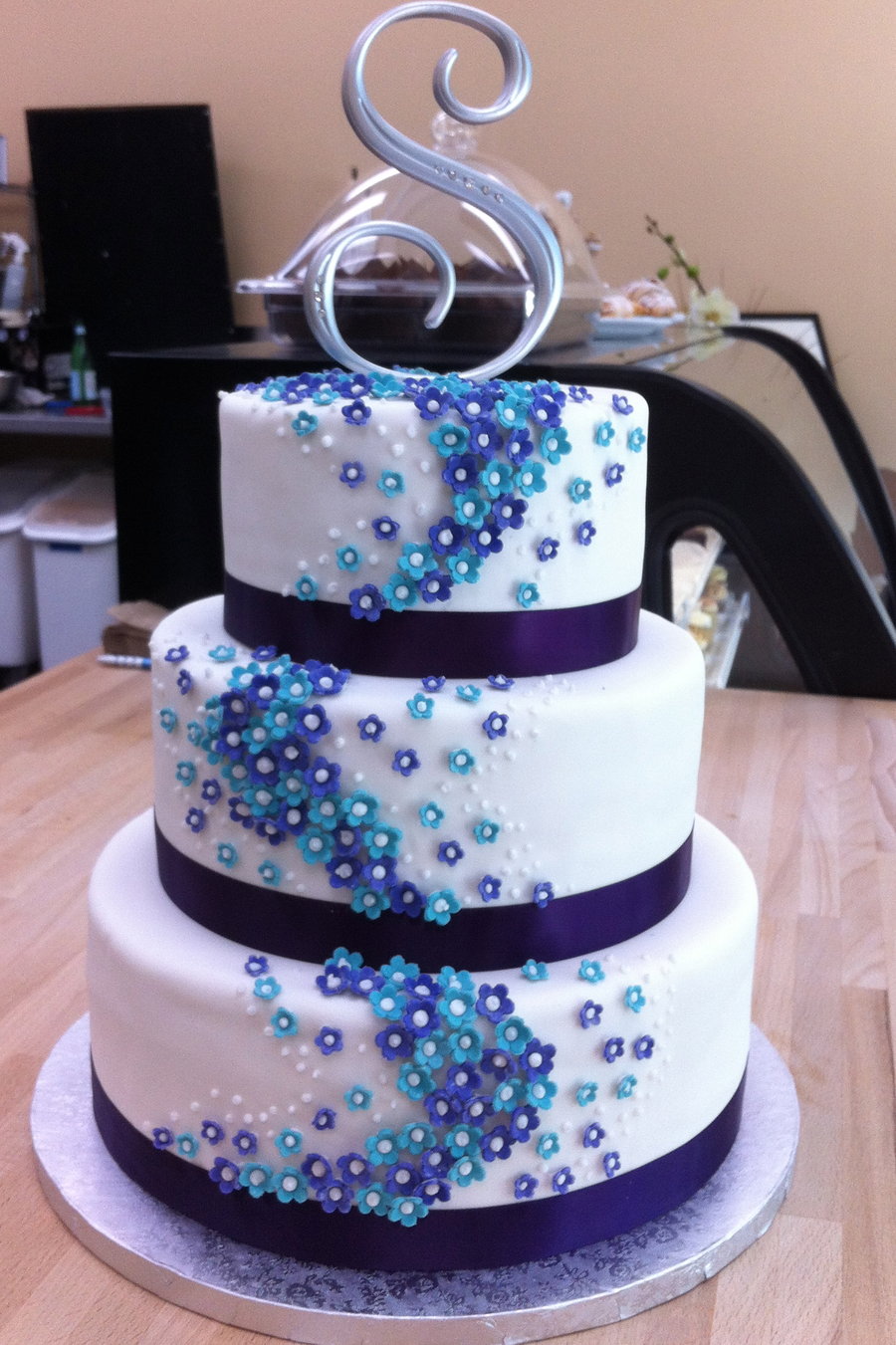 Blue and Purple Flower Wedding Cake