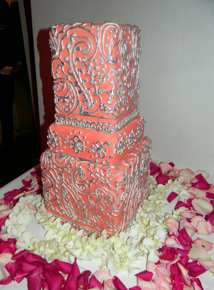 Coral and Silver Wedding Cakes Coral and Silver Wedding Cakes