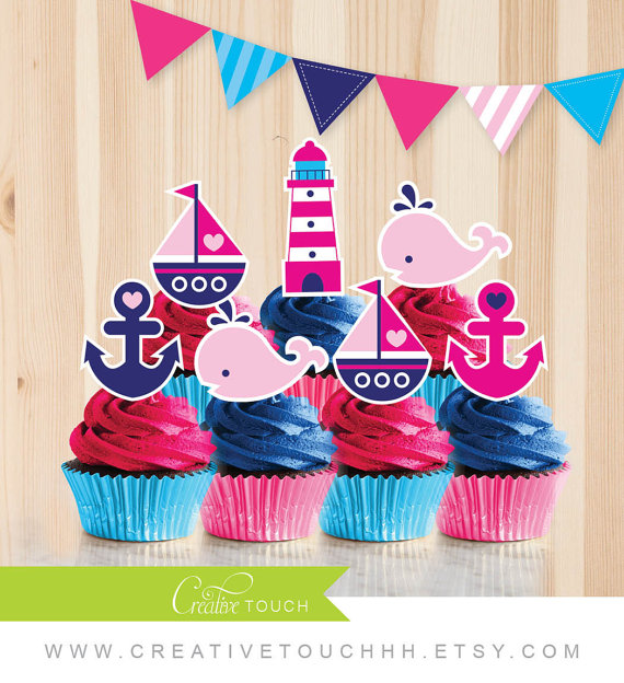Navy Blue and Pink Nautical Cupcake Toppers
