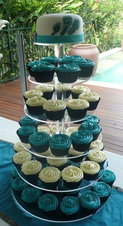 Peacock Wedding Cake and Cupcakes Peacock Wedding Cake and Cupcakes