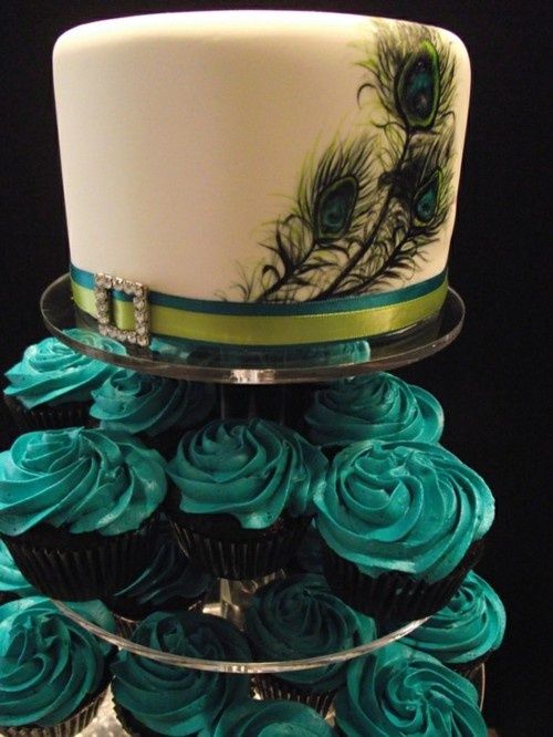 Peacock Wedding Cake and Cupcakes Peacock Wedding Cake and Cupcakes