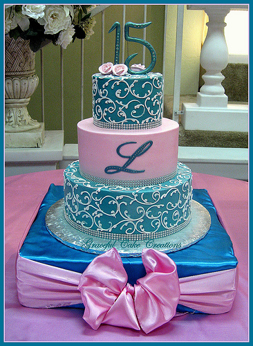 Pink and Teal Quinceanera Cake