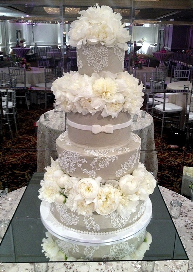 Taupe and White Wedding Cake with Flowers