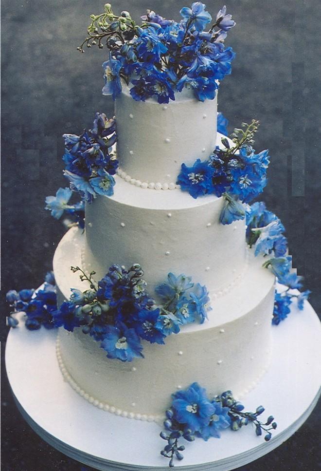Blue and White Wedding Cake with Flowers Blue and White Wedding Cake with Flowers