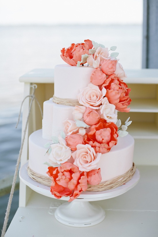 Coral Wedding Cake with Flowers