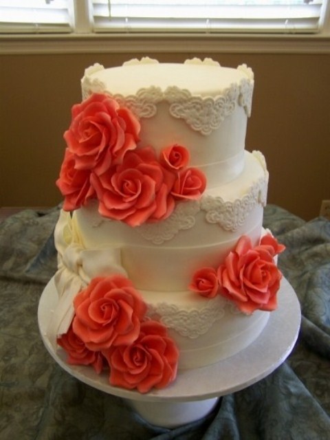 Coral Wedding Cake with Flowers