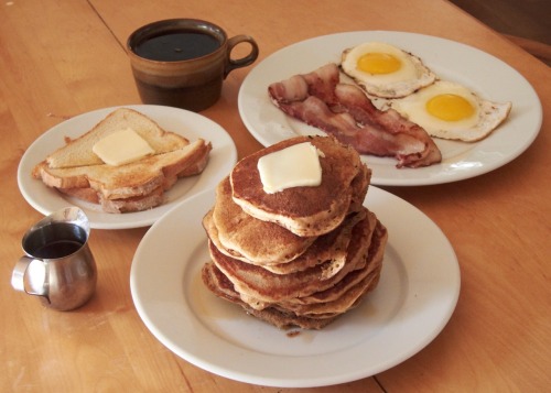 Pancakes Eggs Toast and Bacon