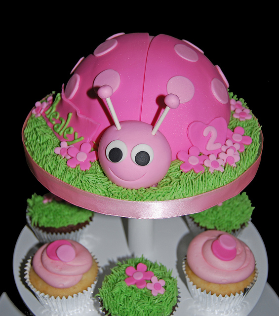 Pink Ladybug Cake and Cupcakes