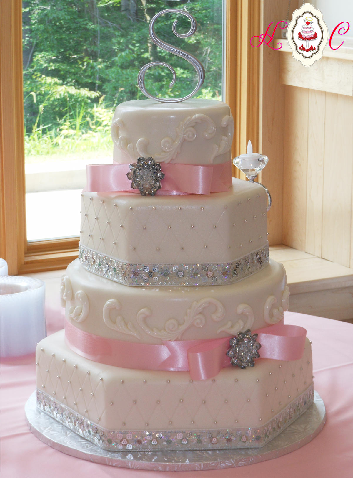 Pink White and Silver Wedding Cake