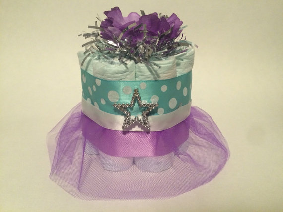 Teal and Purple Mini Diaper Cakes for Centerpieces Teal and Purple Mini Diaper Cakes for Centerpieces