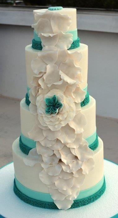 White and Teal Wedding Cake