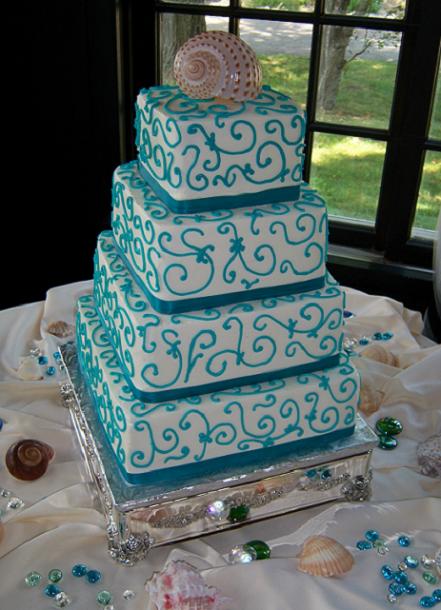 White and Teal Wedding Cake