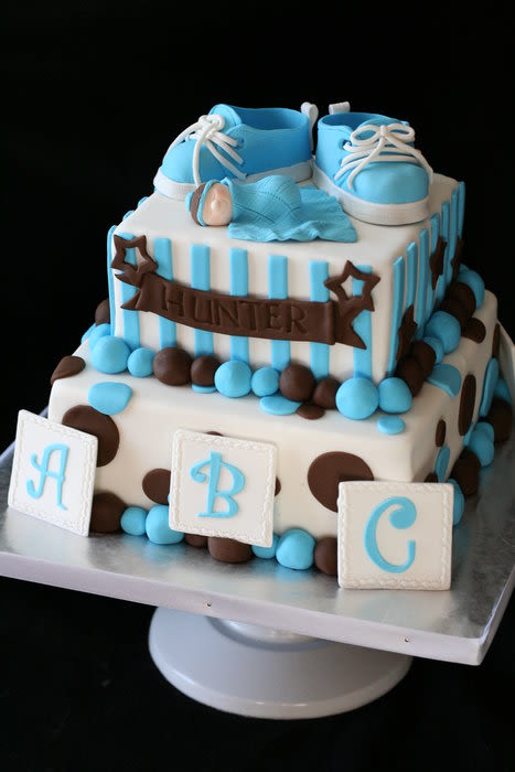 Blue White and Brown Baby Shower Cake