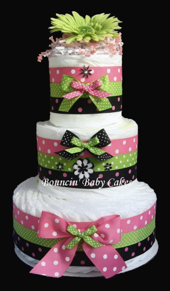 Pink and Green Baby Shower Diaper Cake