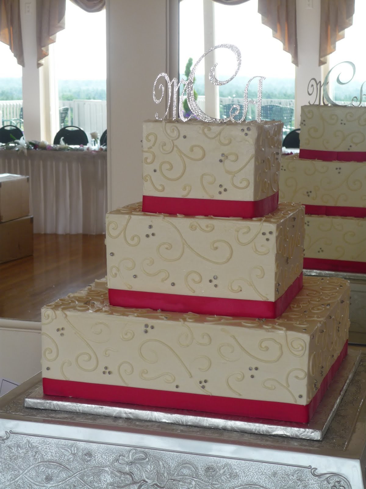 12 Photos of Simple Square Wedding Cakes Buttercream With Pink Ribbon