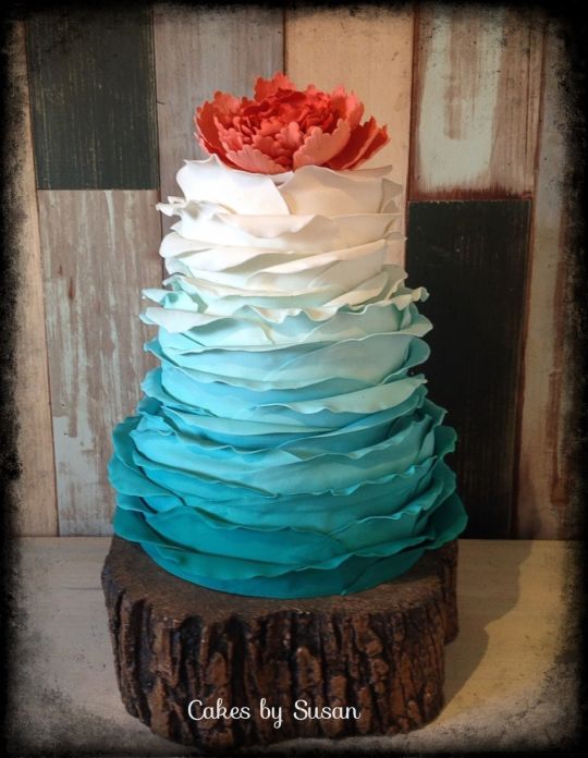 Turquoise and Coral Ombre Wedding Cake