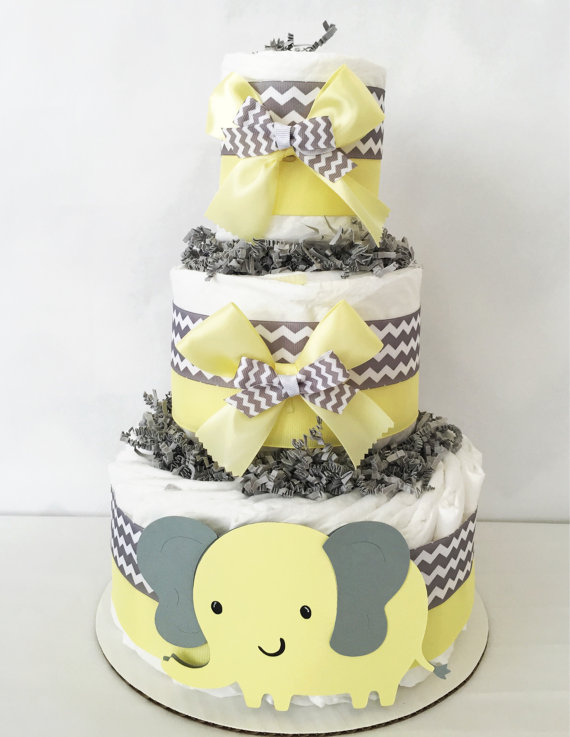 Yellow and Gray Elephant Baby Shower Cake