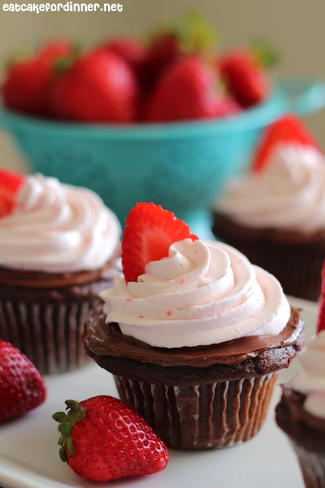 Chocolate Cupcakes with Strawberries and Whipped Cream