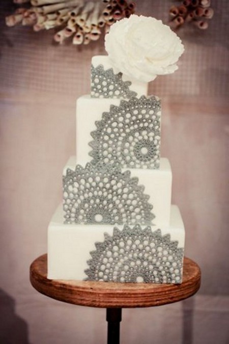 Grey and White Lace Wedding Cake Grey and White Lace Wedding Cake