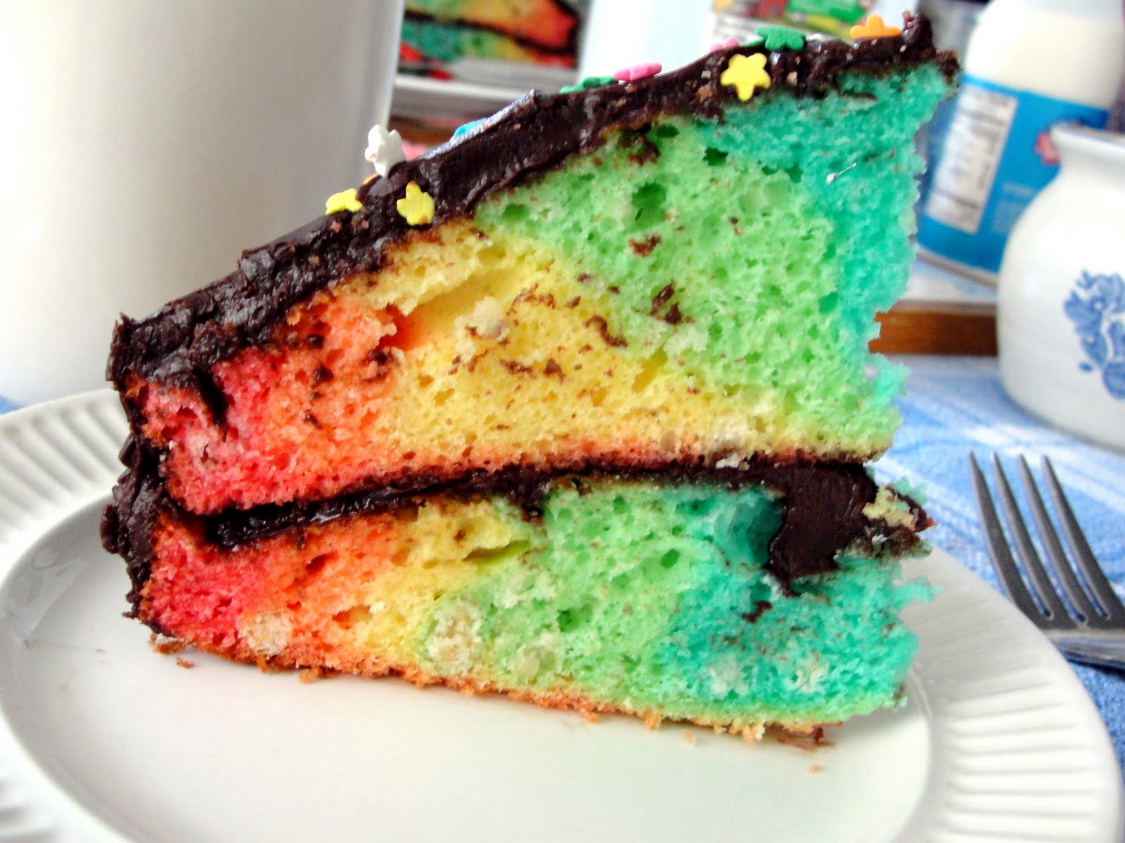 Rainbow Cake with Chocolate Frosting