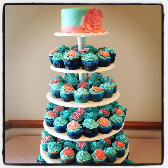 Teal and Coral Wedding Cupcakes