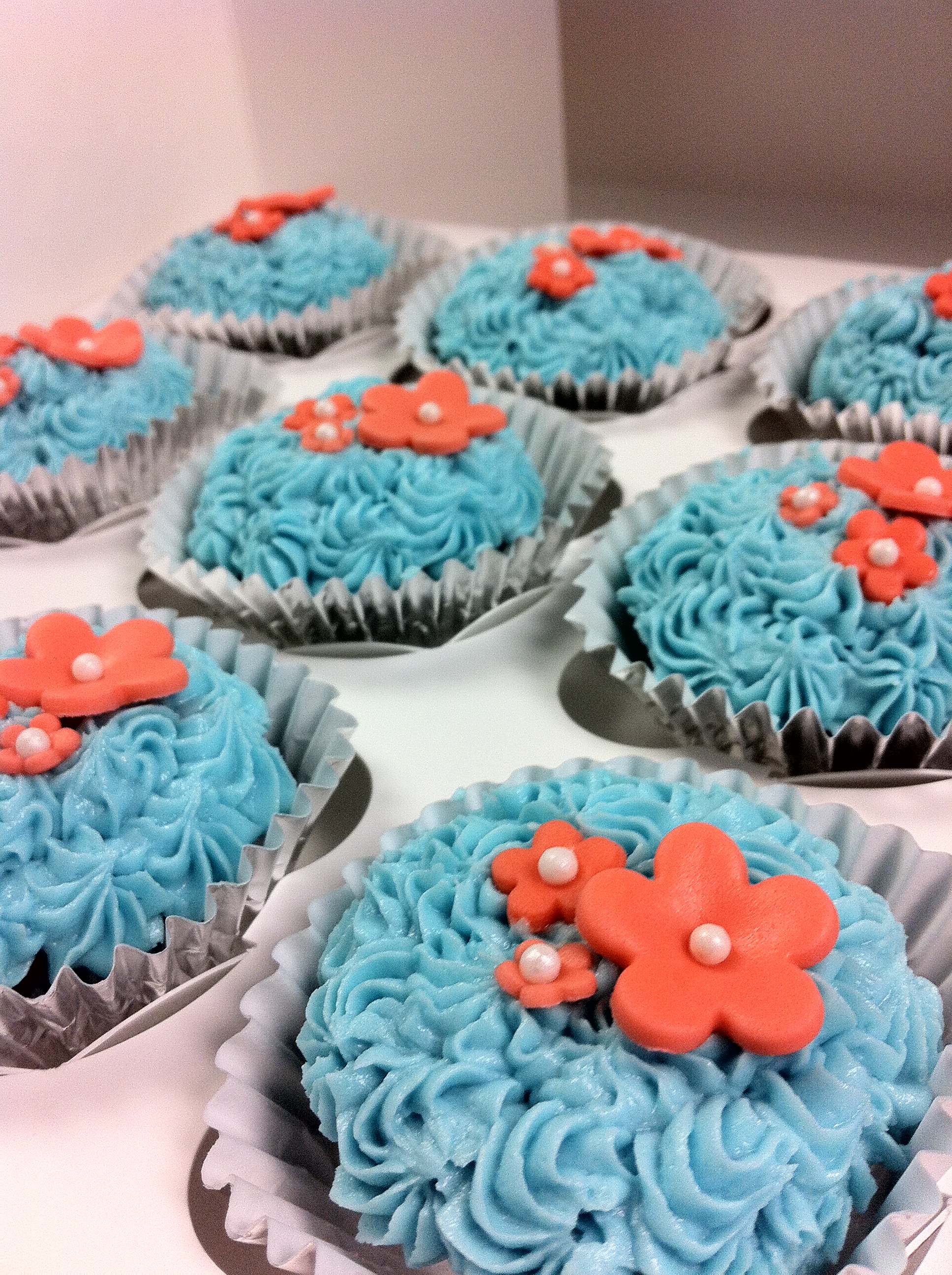 Teal and Coral Wedding Cupcakes