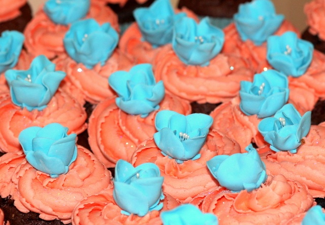 Turquoise and Coral Wedding Cupcakes