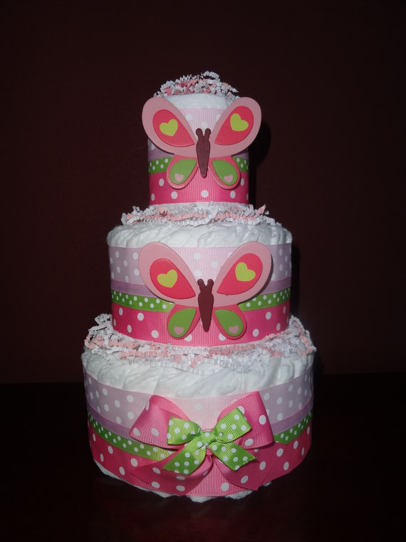 Green and Pink Butterfly Diaper Cake