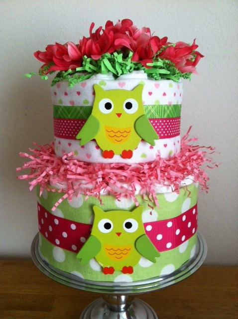 Green and Pink Owl Diaper Cake