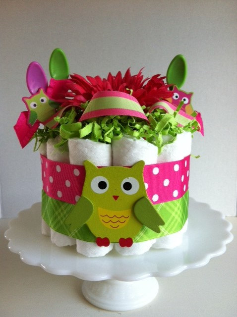 Green and Pink Owl Diaper Cake