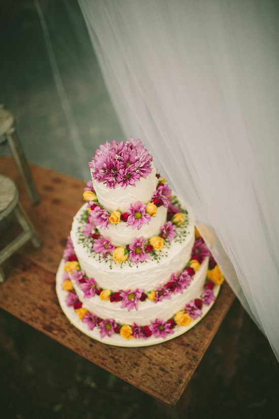 Pink and Yellow Wedding Cake with Flowers