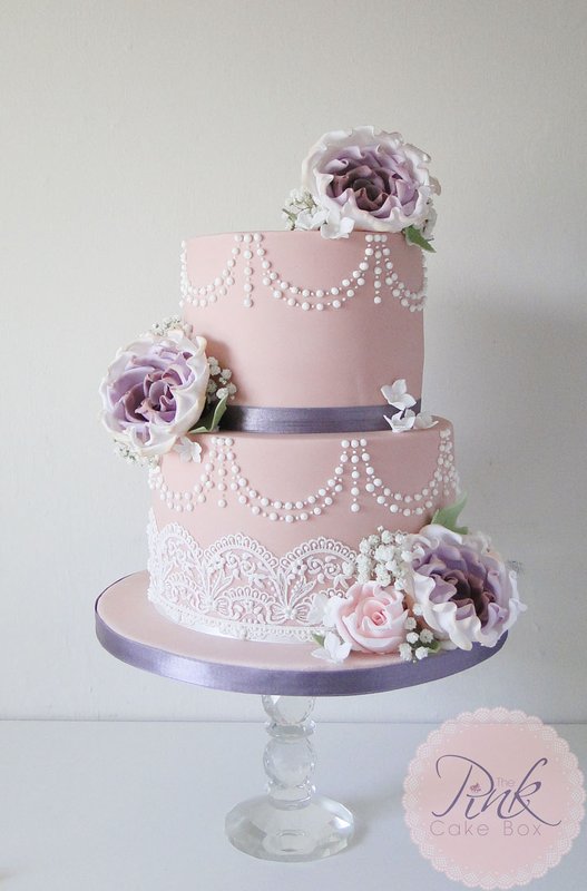 Pink Roses with Pearls and Lace Wedding Cake