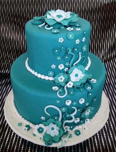 Teal Wedding Cake with Flowers