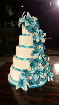 White and Teal Wedding Cake