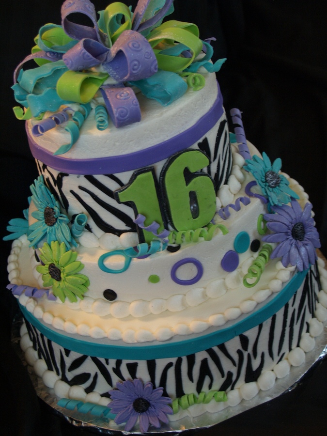 Zebra Print Sweet 16 Birthday Cake