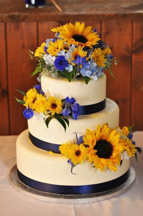 Navy Blue and Sunflower Wedding Cake